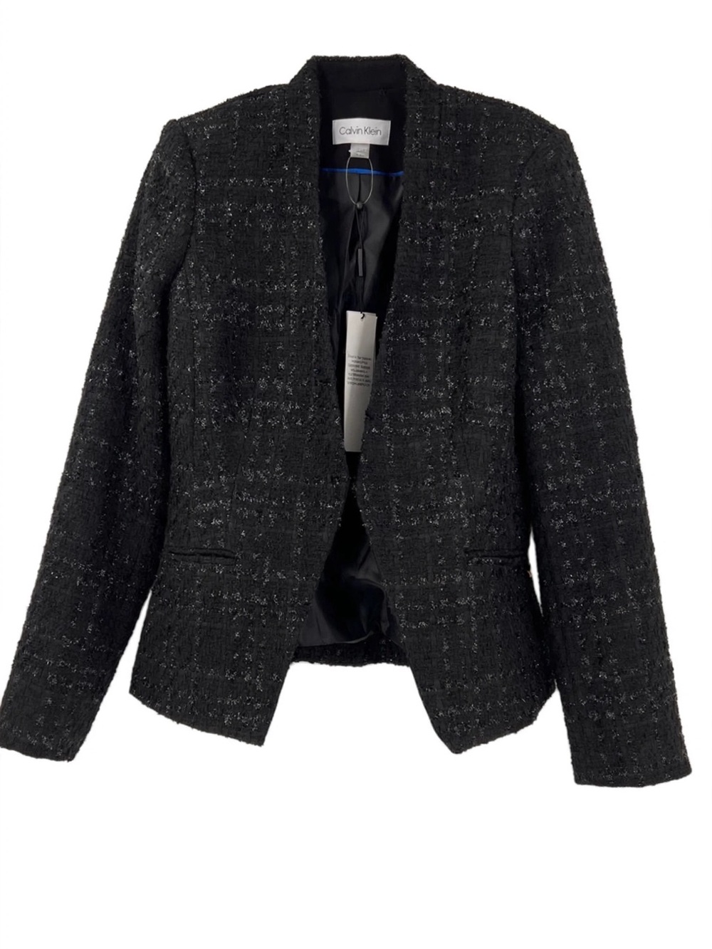 NWT Calvin Klein Tweed Blazer Jacket 6 Black Silver Metallic Boucle Open Front - Picture 12 of 13